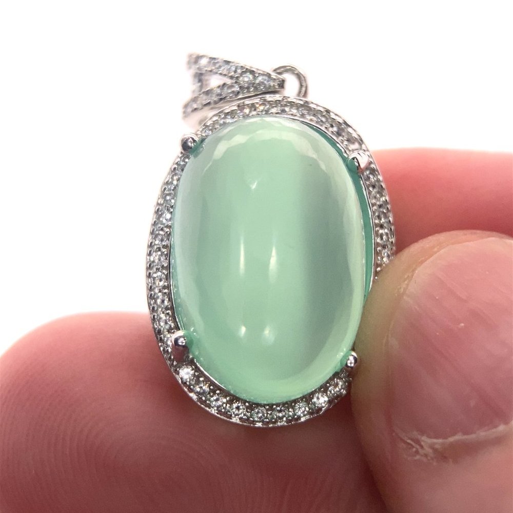 Green Cats Eye Calcite 11.45ct White Gold Finish Solid 925 Silver Pendant